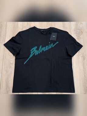 $650 Mens BALMAIN Flocked Logo Cotton Graphic Crewneck T-Shirt Black/Green XL